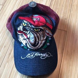 Ed Hardy Denim & Burgundy Bulldog Trucker Hat